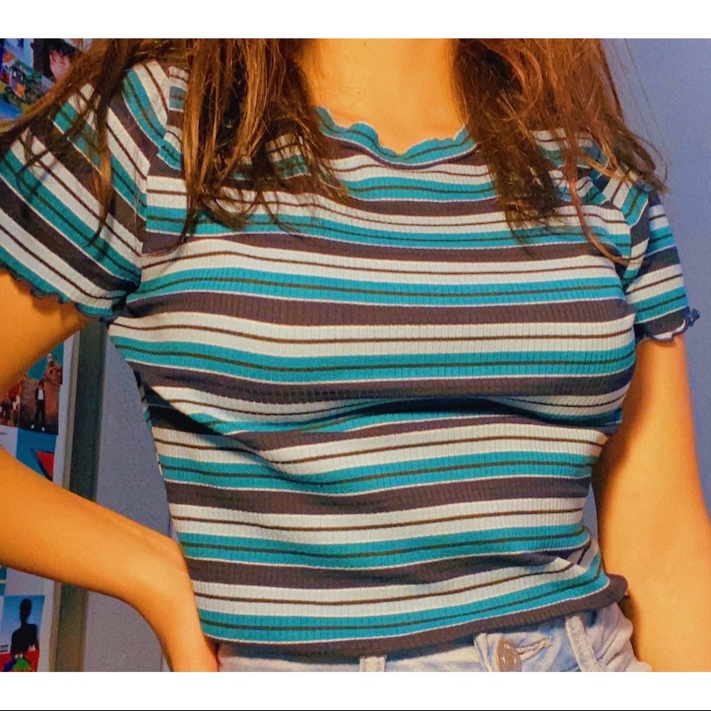 Blue on Blue Striped Lettuce Trim Tee